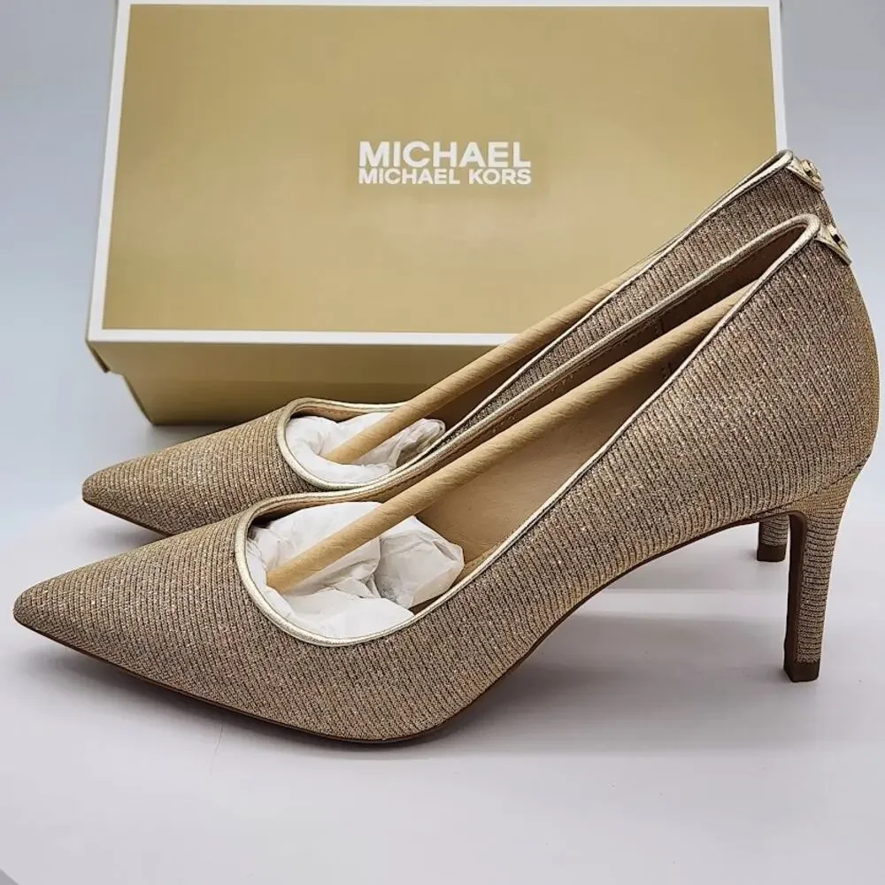 NEW Michael Kors Alina Flex Pump Pale Gold Glitter Chain Mesh Heels Size 5.5M
